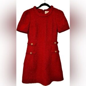 Red Winter Dress with Gold Weave and Braided Collar with Pockets